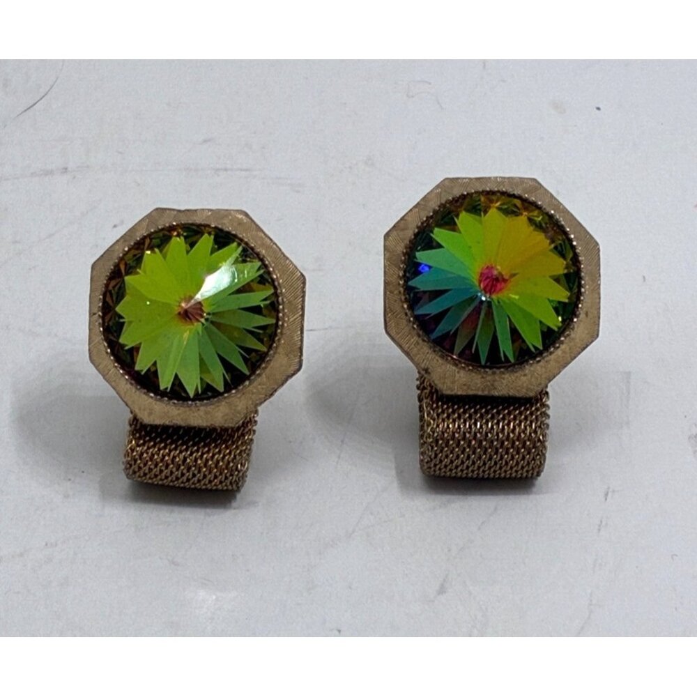 Vintage Rivoli Watermelon Glass Stone Cufflinks With Gold-Tone Mesh Wrap Design
